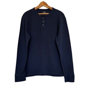 Old Navy Mens Navy Blue Waffle Knit Henley Shirt Built-In Flex Thermal Large